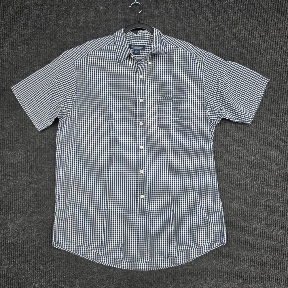 Brooks Brothers Mens Medium Blue White Gingham Cotton Short Sleeve Button Down